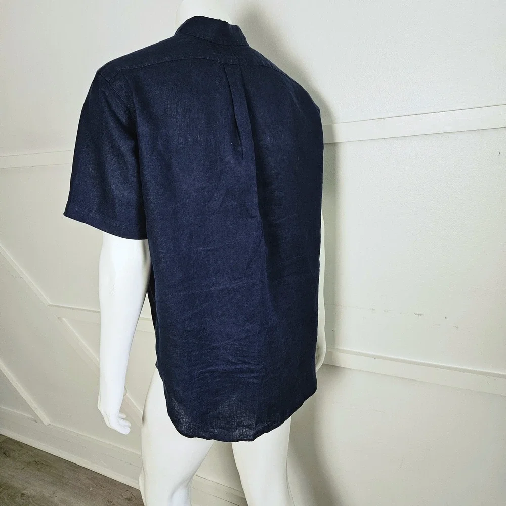 Polo Ralph Lauren Mens Navy Blue 100% Linen Short Sleeve Button Down Shirt L